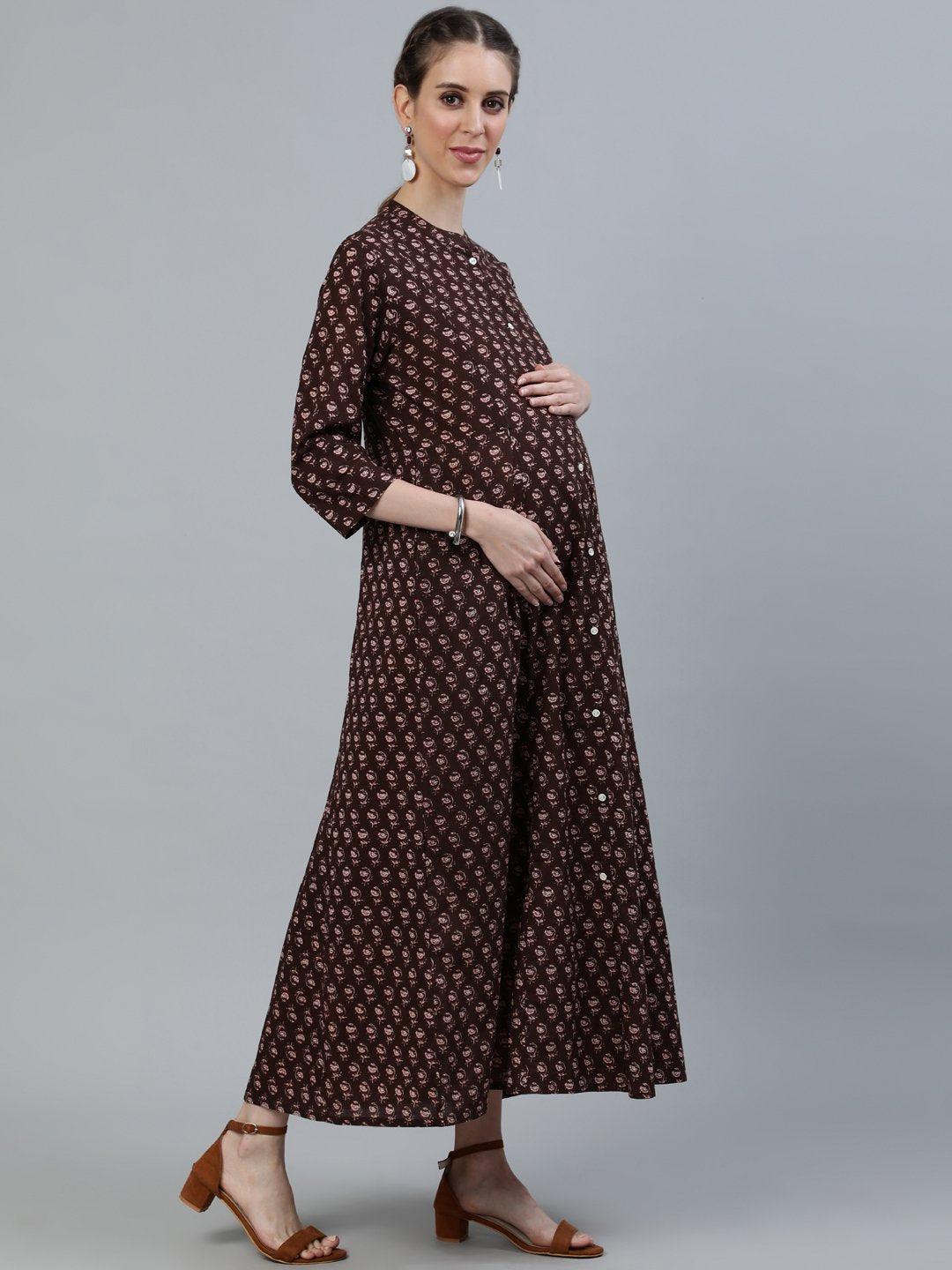 Women's Brown Printed Maternity Dress With Three Quarter Sleeves - Nayo Clothing