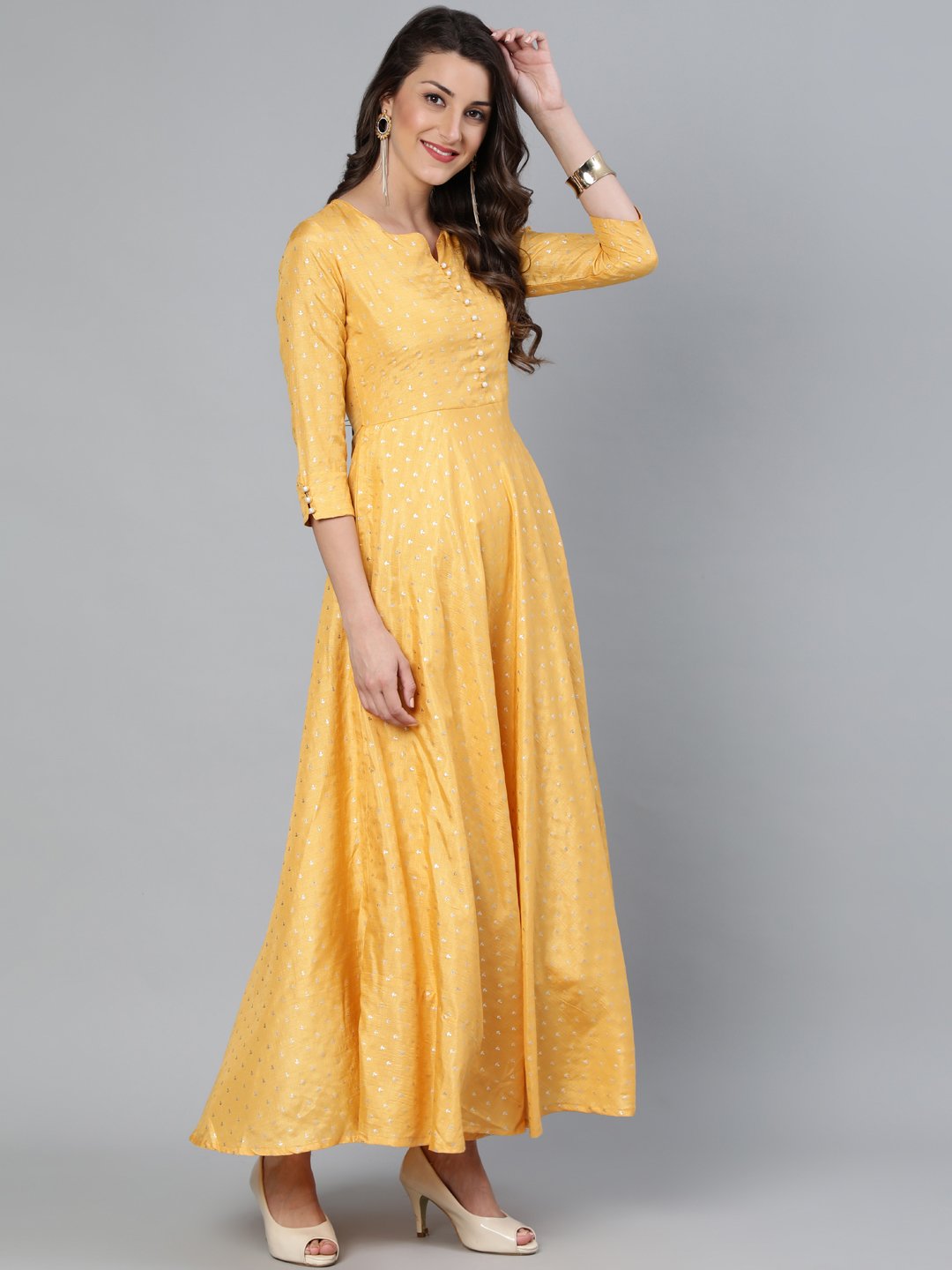 Women's Mustard Foil Printed Maxi Dress With Embroidered Net Dupatta - Nayo Clothing