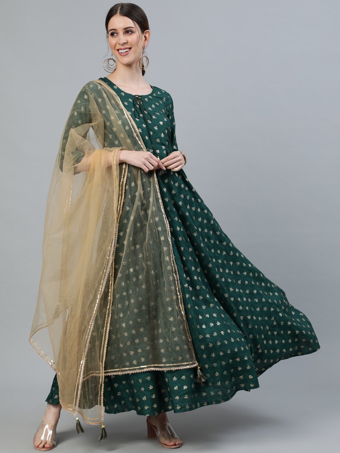 Women's Green Foil Printed Maxi Dress With Embroidered Net Dupatta - Nayo Clothing