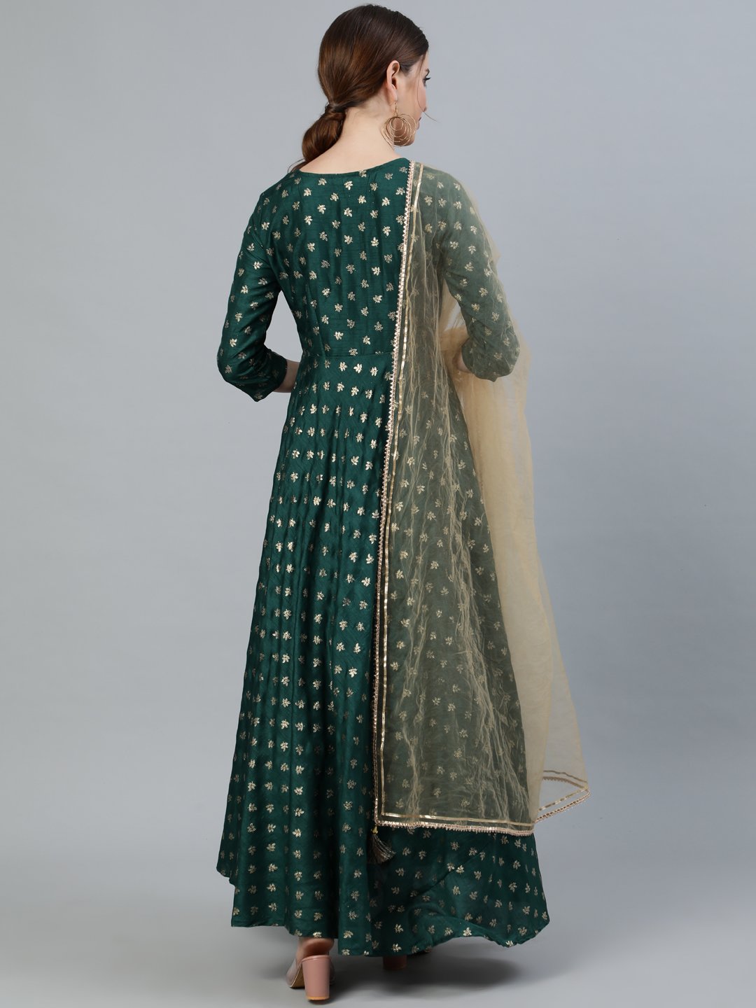 Women's Green Foil Printed Maxi Dress With Embroidered Net Dupatta - Nayo Clothing