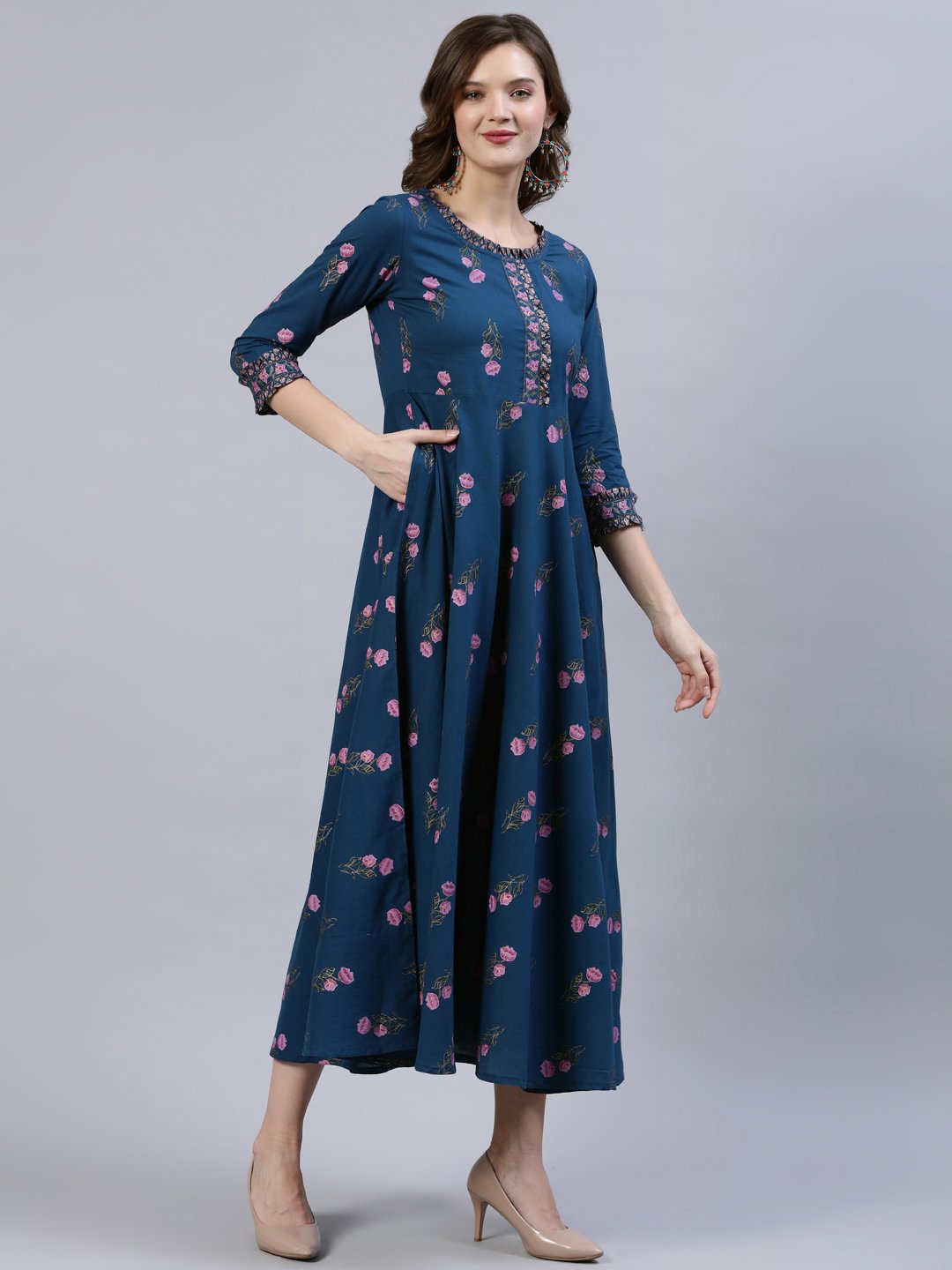 Women's Blue Floral Printed Dress With Embroidered Dupatta - Nayo Clothing