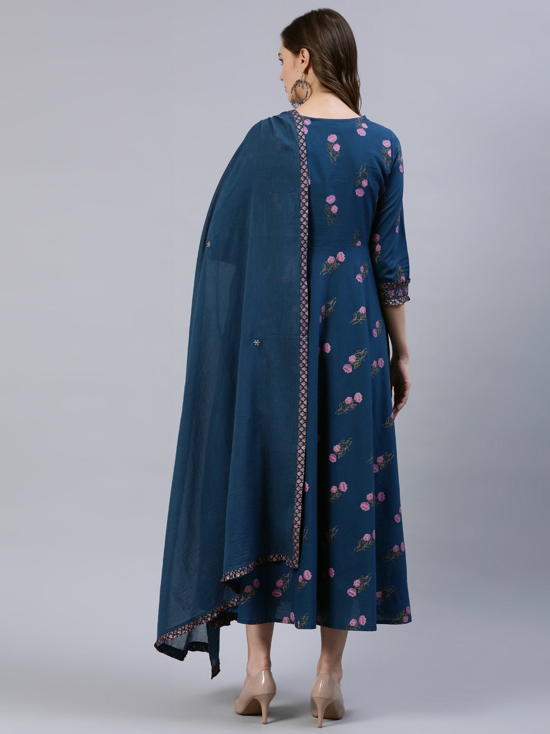 Women's Blue Floral Printed Dress With Embroidered Dupatta - Nayo Clothing