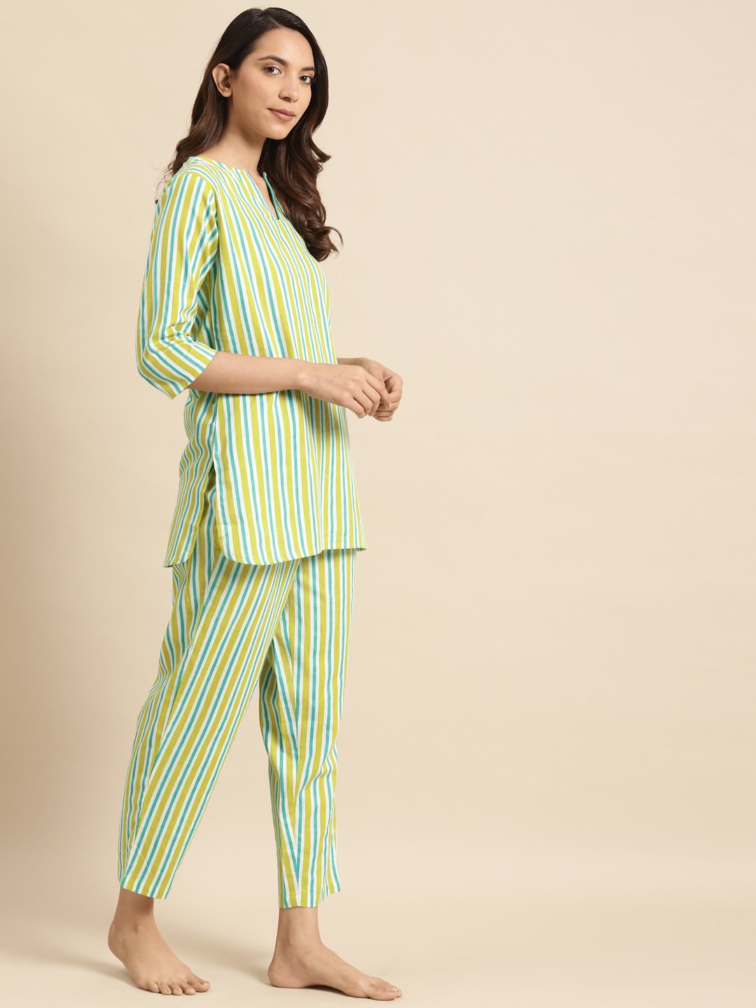 Women's Light Green Striped Night Suit - Nayo Clothing