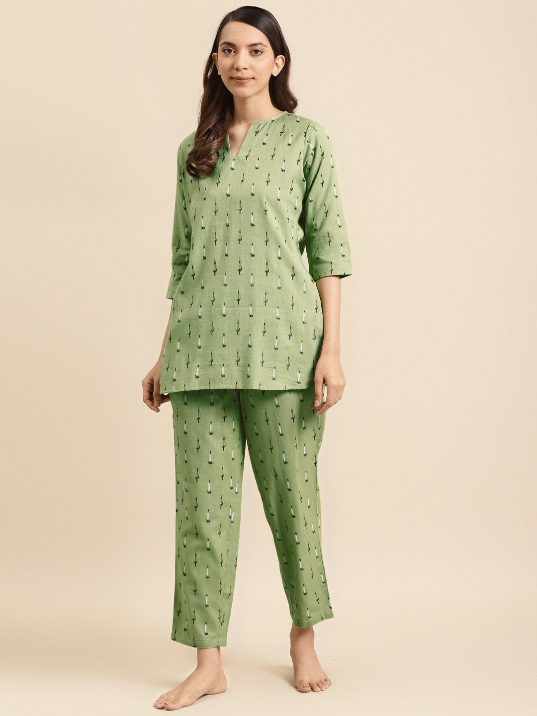 Women's Olive Green Ikat Printed Night Suit - Nayo Clothing