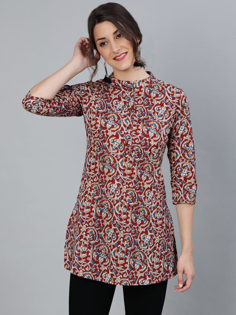 Women's Maroon Printed Tunic With Mandarin Collar & Three Quarter Sleeves