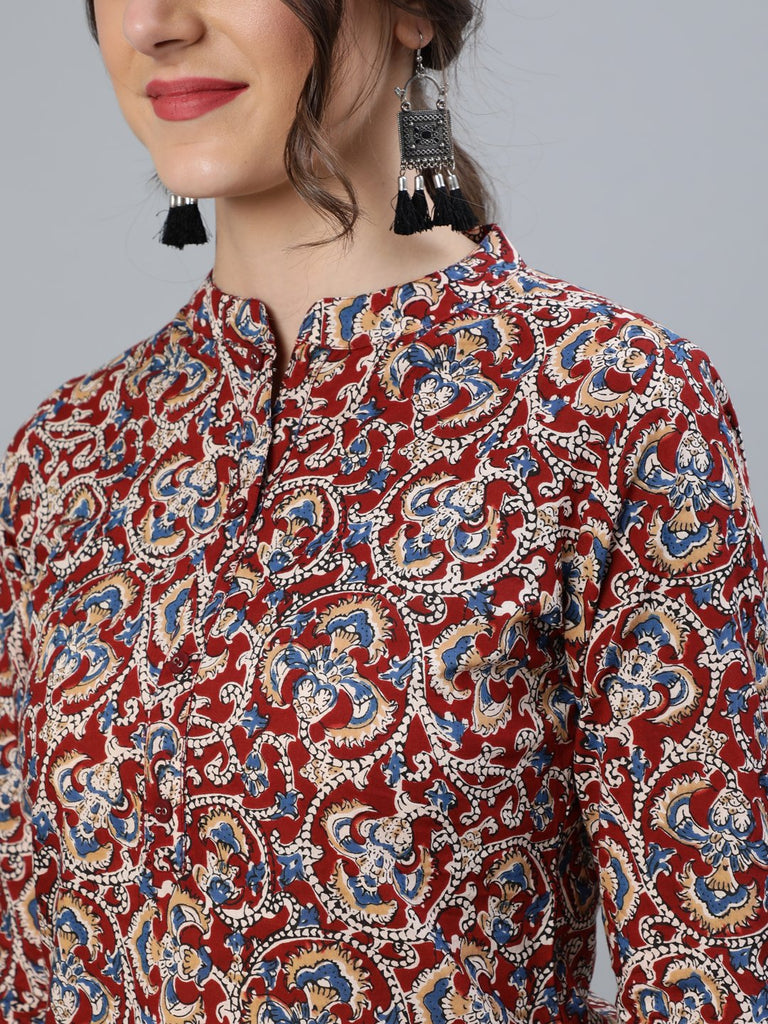 Women's Maroon Printed Tunic With Mandarin Collar & Three Quarter Sleeves