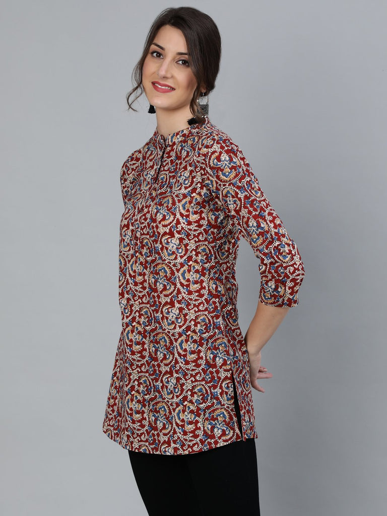Women's Maroon Printed Tunic With Mandarin Collar & Three Quarter Sleeves
