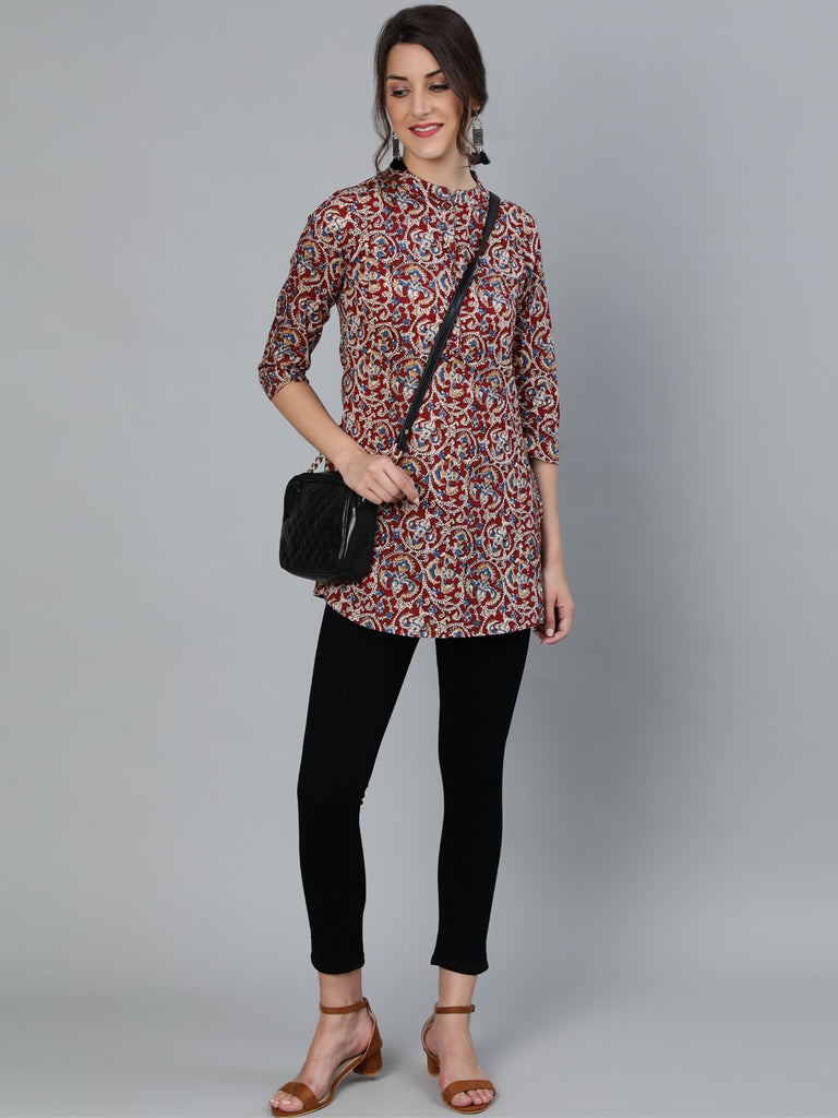 Women's Maroon Printed Tunic With Mandarin Collar & Three Quarter Sleeves
