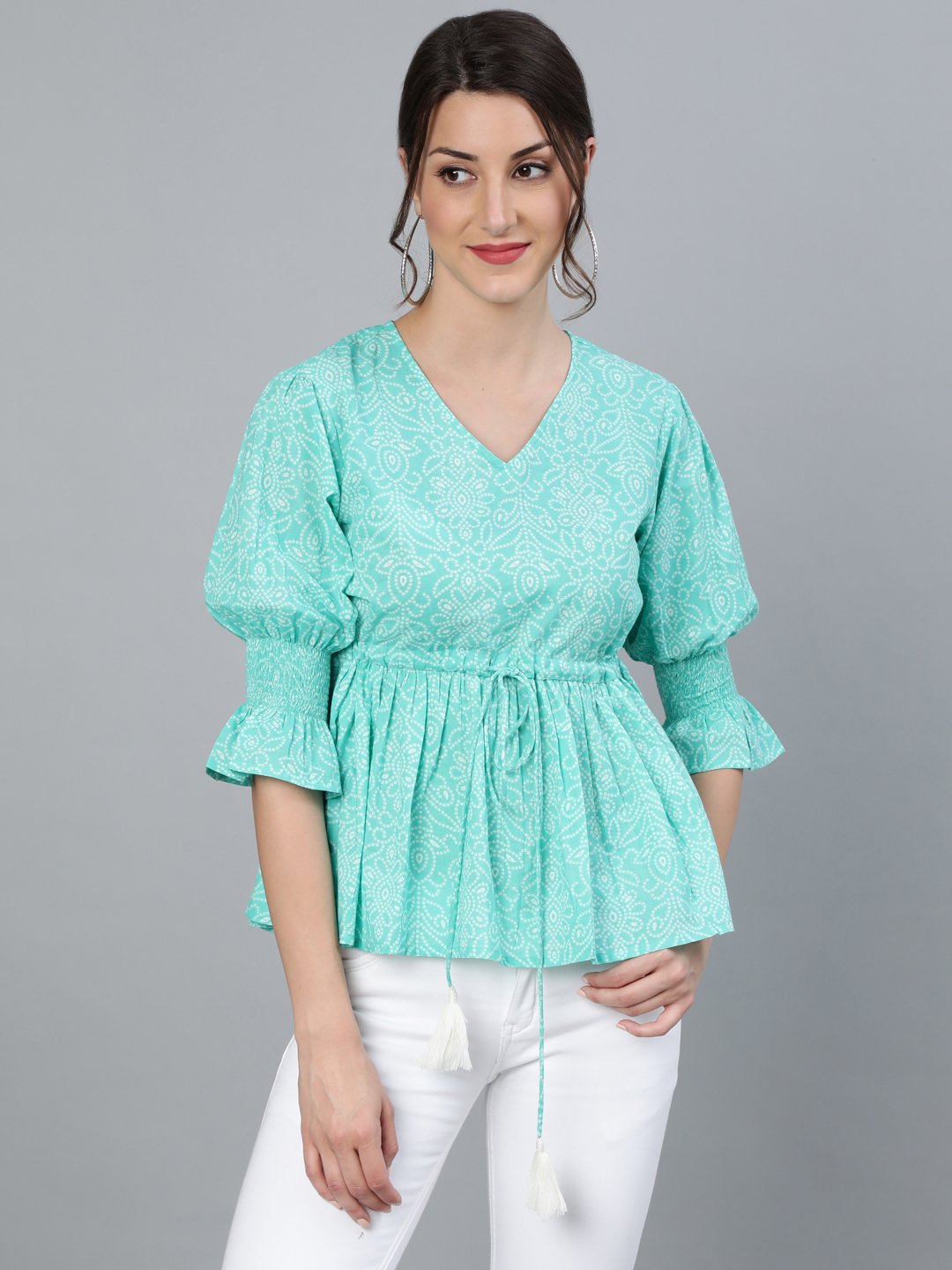 Women's Sea Green & Off White Bandhani Printed Top With Three Quarter Sleeves - Nayo Clothing