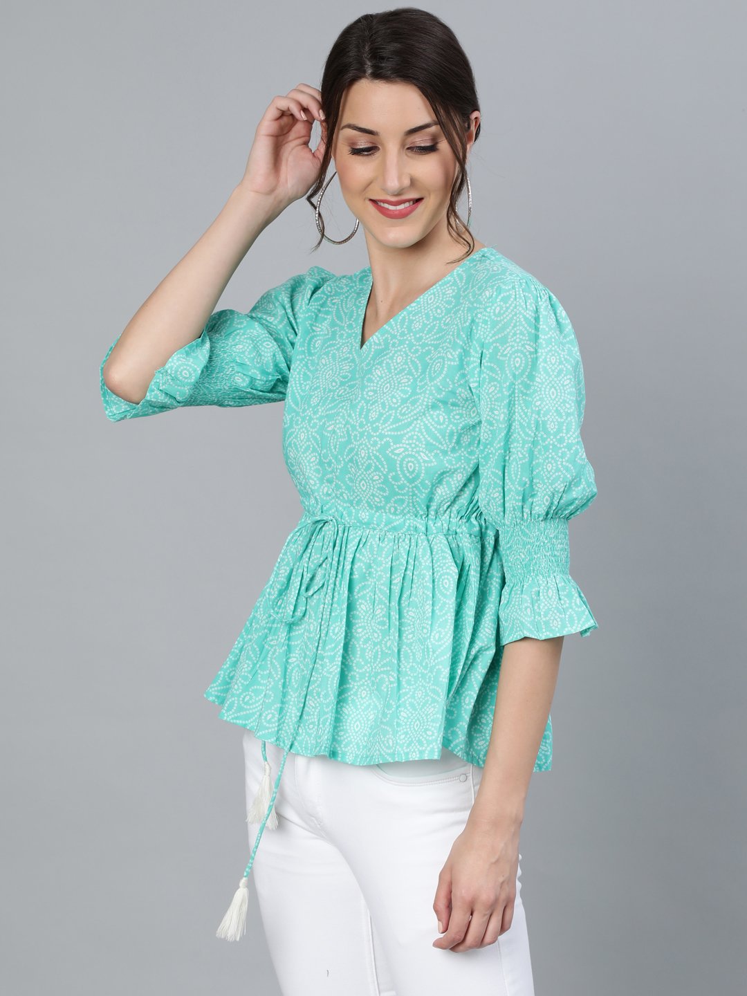 Women's Sea Green & Off White Bandhani Printed Top With Three Quarter Sleeves - Nayo Clothing