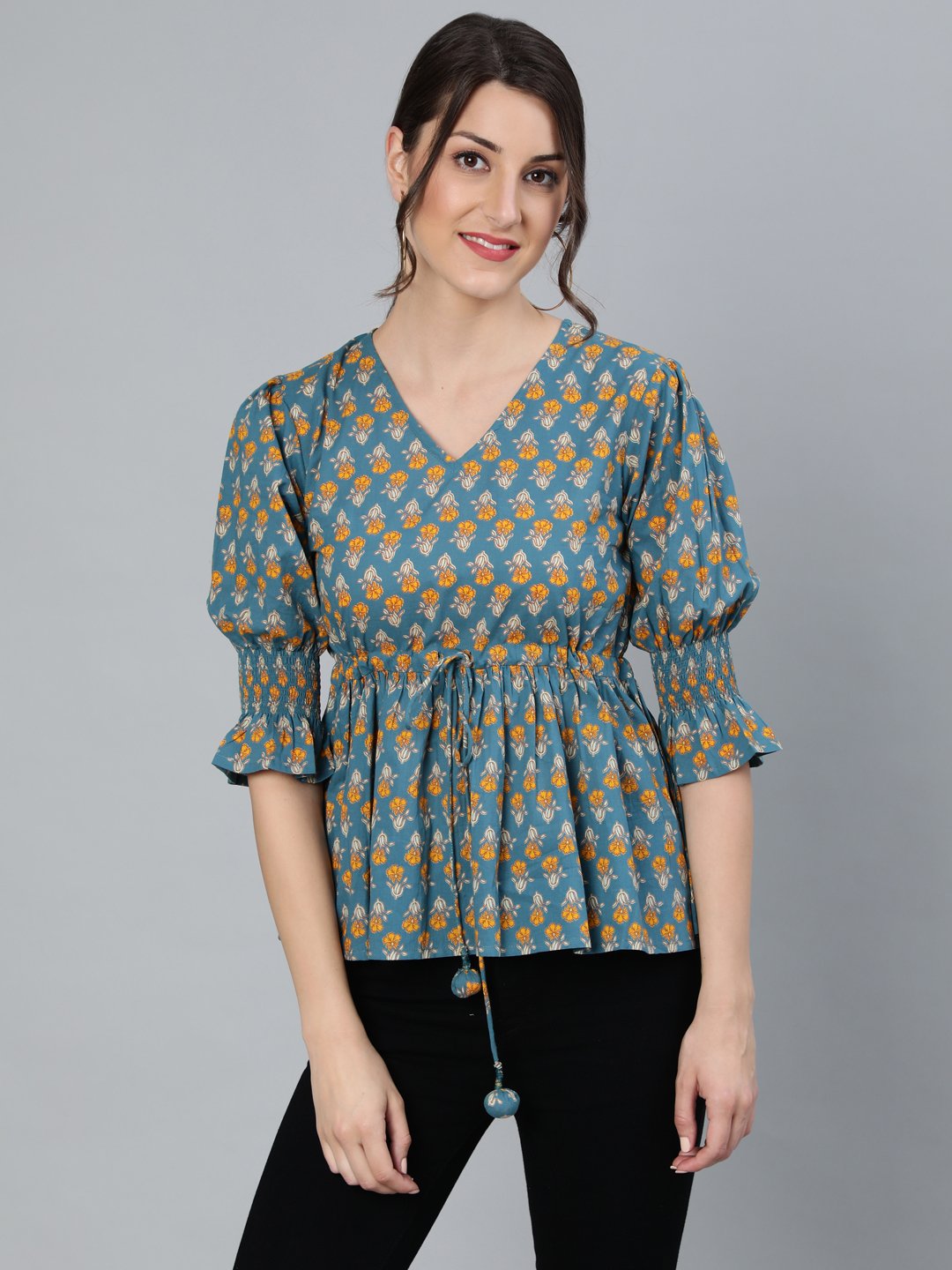 Women's Teal Blue & Yellow Printed Top With V Neck & Three Quarter Sleeves - Nayo Clothing