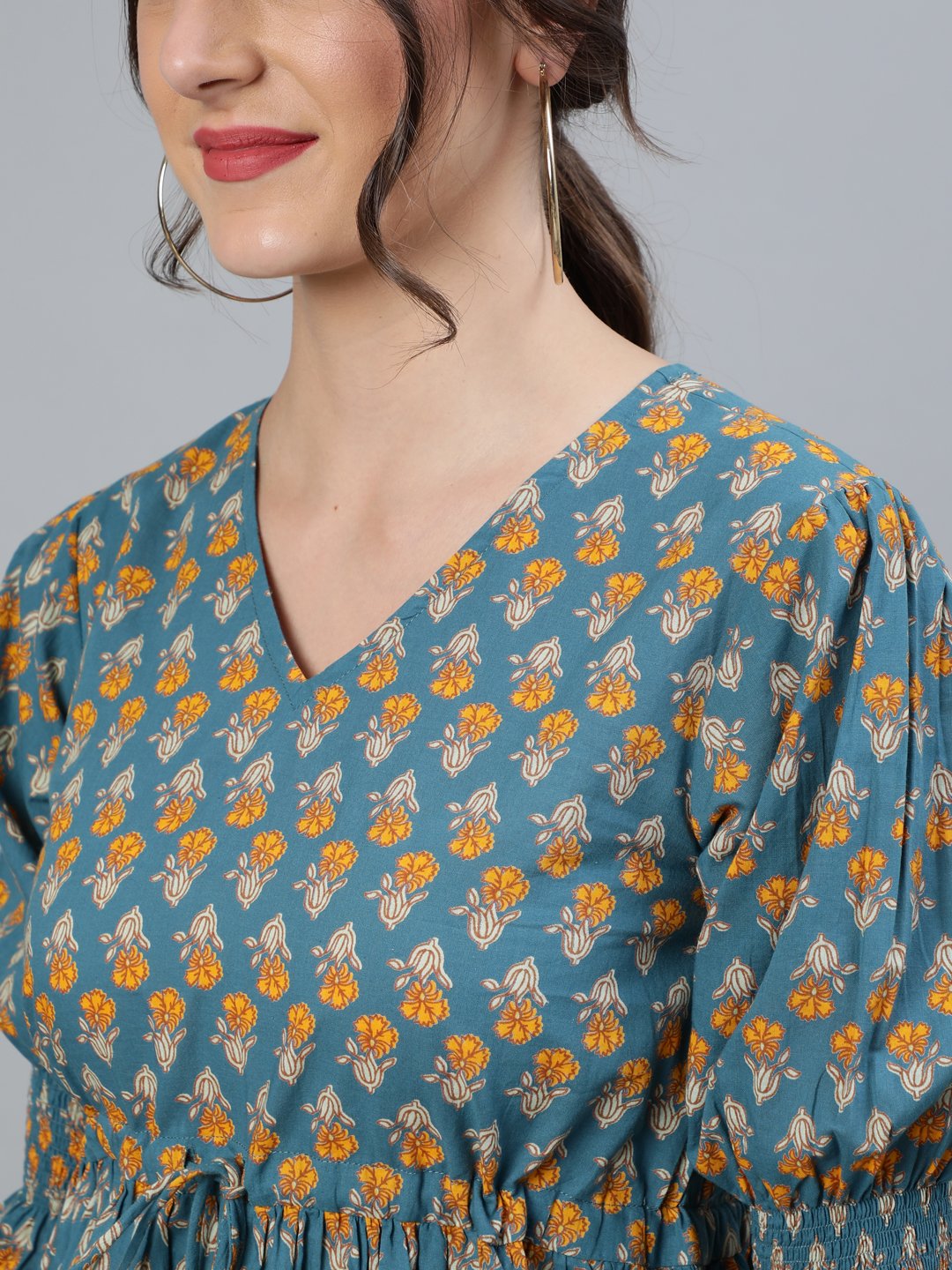 Women's Teal Blue & Yellow Printed Top With V Neck & Three Quarter Sleeves - Nayo Clothing