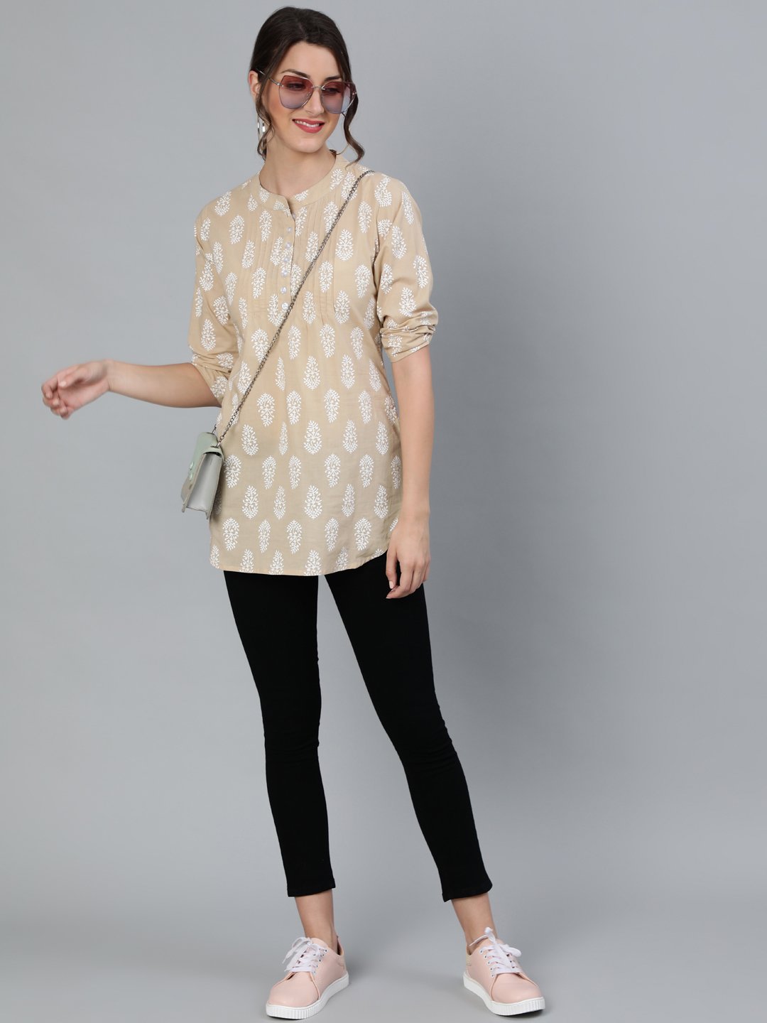 Women's Beige & White Printed Tunic With Mandarin Collar & Three Quarter Sleeves - Nayo Clothing