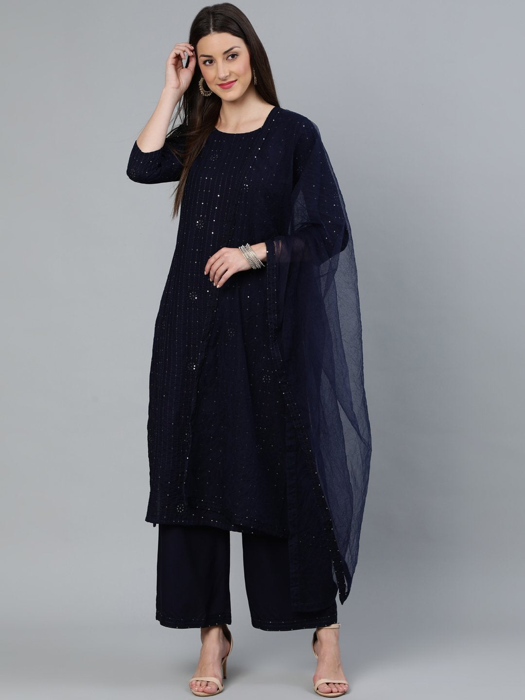 Women's Navy Blue Sequence Embroidered Straight Kurta Plazzo With Net Dupatta - Nayo Clothing