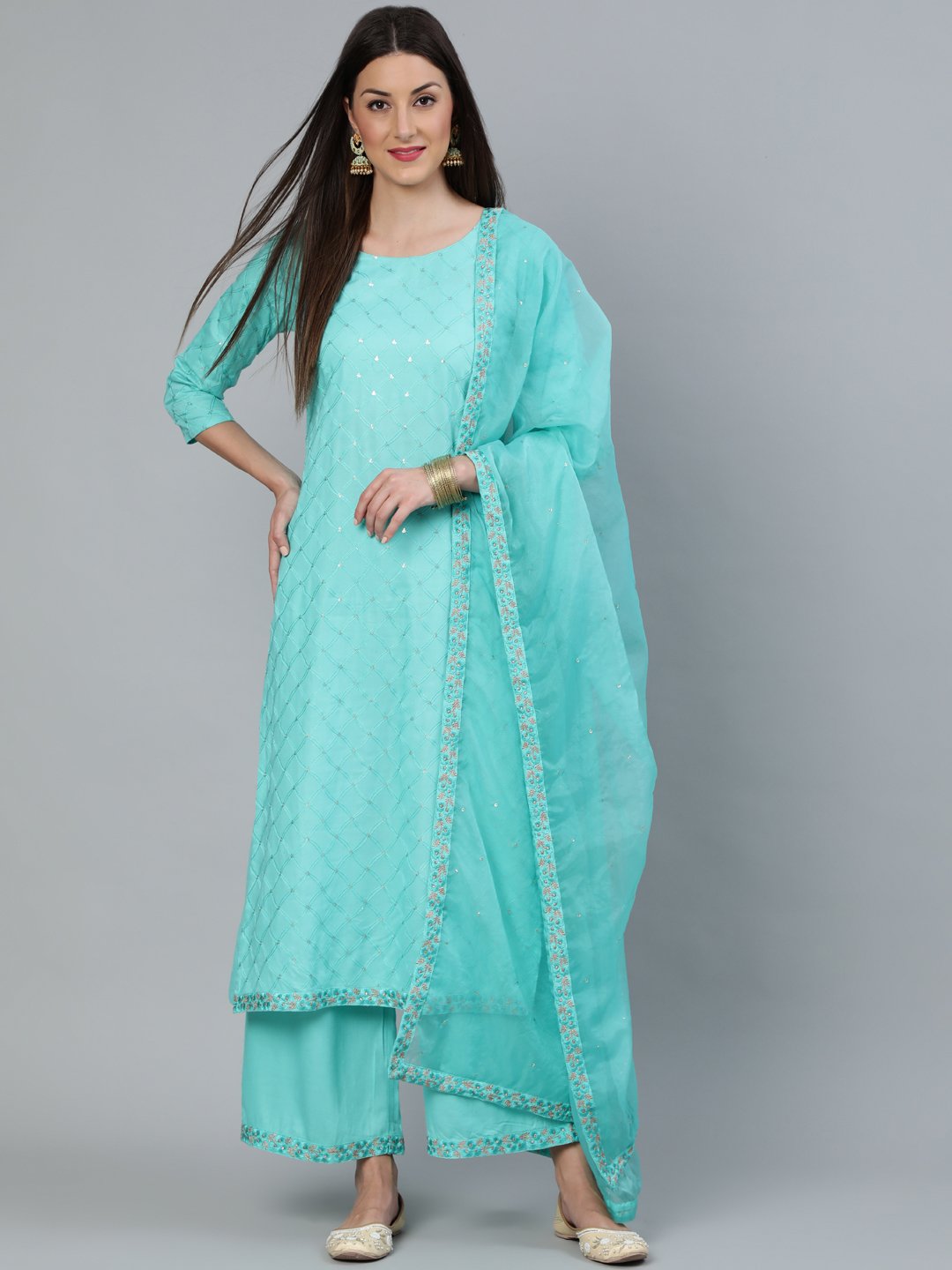 Women's Turquoise Blue Sequence Embroidered Straight Kurta Plazzo With Net Dupatta - Nayo Clothing