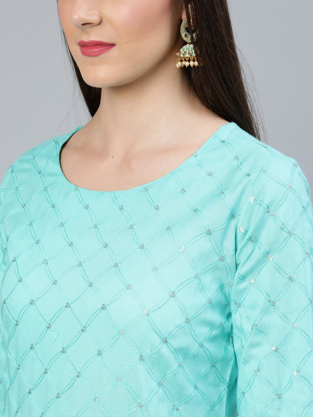 Women's Turquoise Blue Sequence Embroidered Straight Kurta Plazzo With Net Dupatta - Nayo Clothing