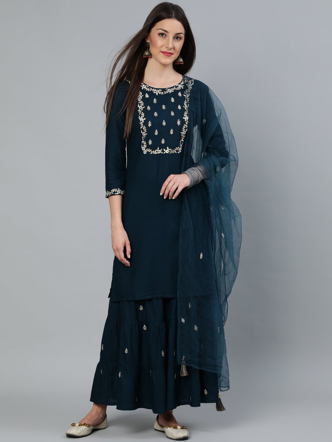 Women's Teal Blue Gold Embroidered Straight Kurta With Tired Sharara & Organza Dupatta - Nayo Clothing