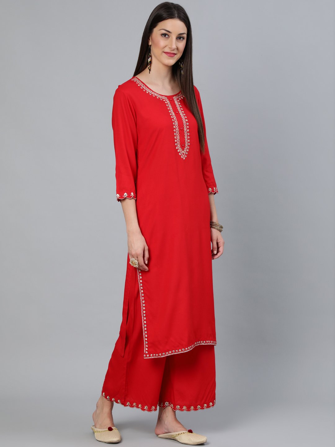 Women's Red Embroidered Straight Kurta Plazzo & Scalloped Dupatta - Nayo Clothing