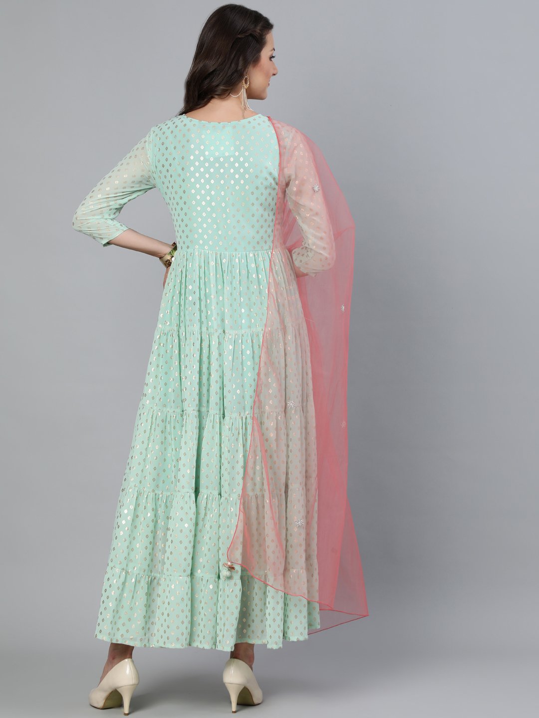 Women's Pastel Green Foil Printed Tired Dress With Pink Embroidered Dupatta - Nayo Clothing