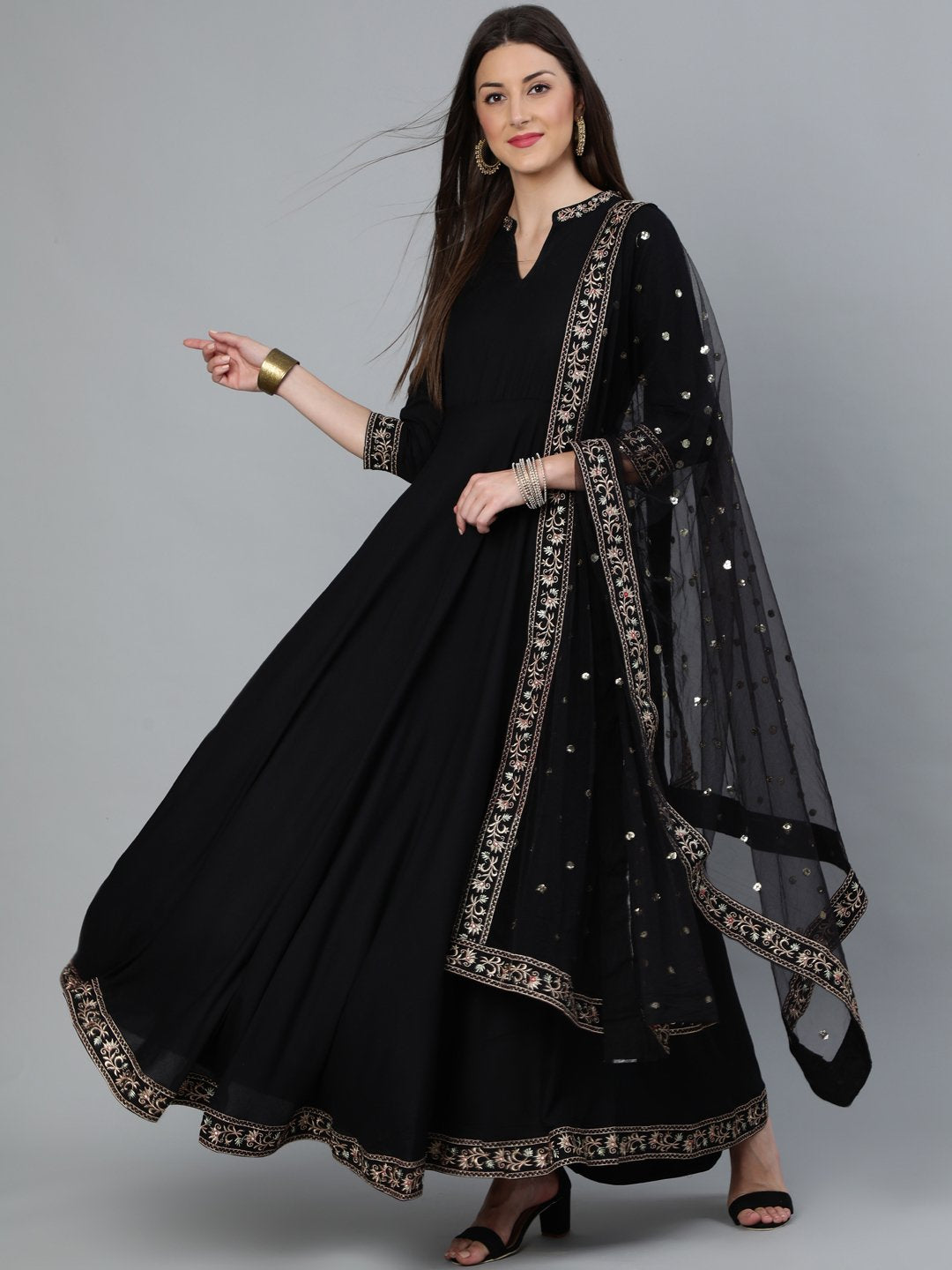 Women's Black Flared Embroidered Dress With Sequinned Dupatta - Nayo Clothing