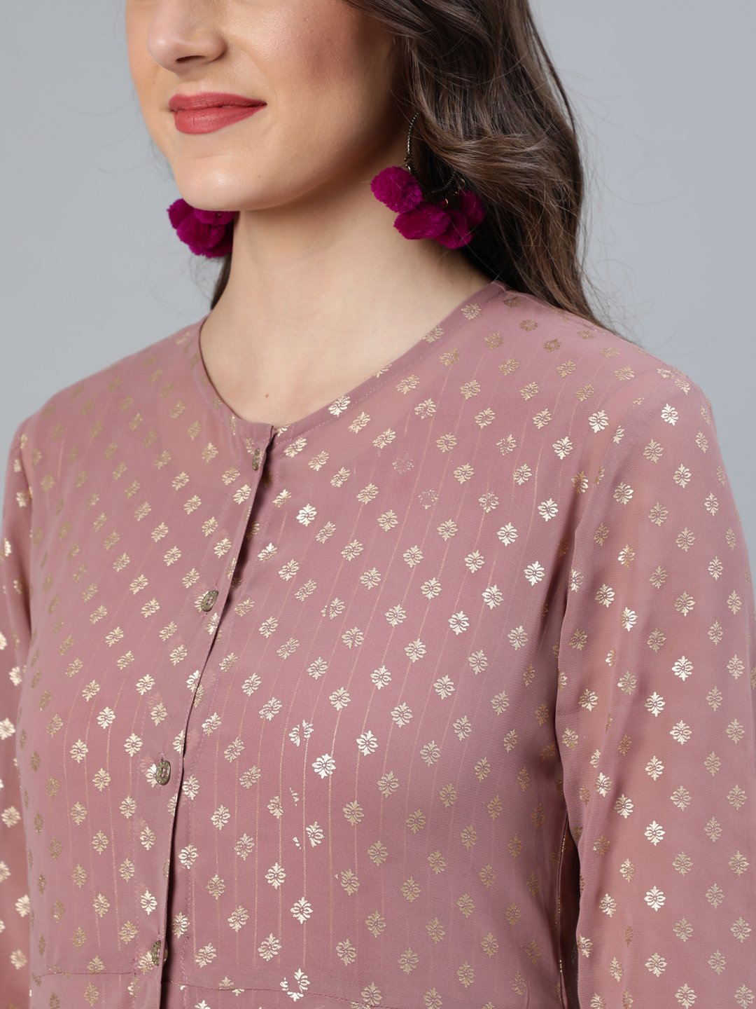 Women's Mauve Foil Printed Dress With Three Quater Sleeves Jacket - Nayo Clothing