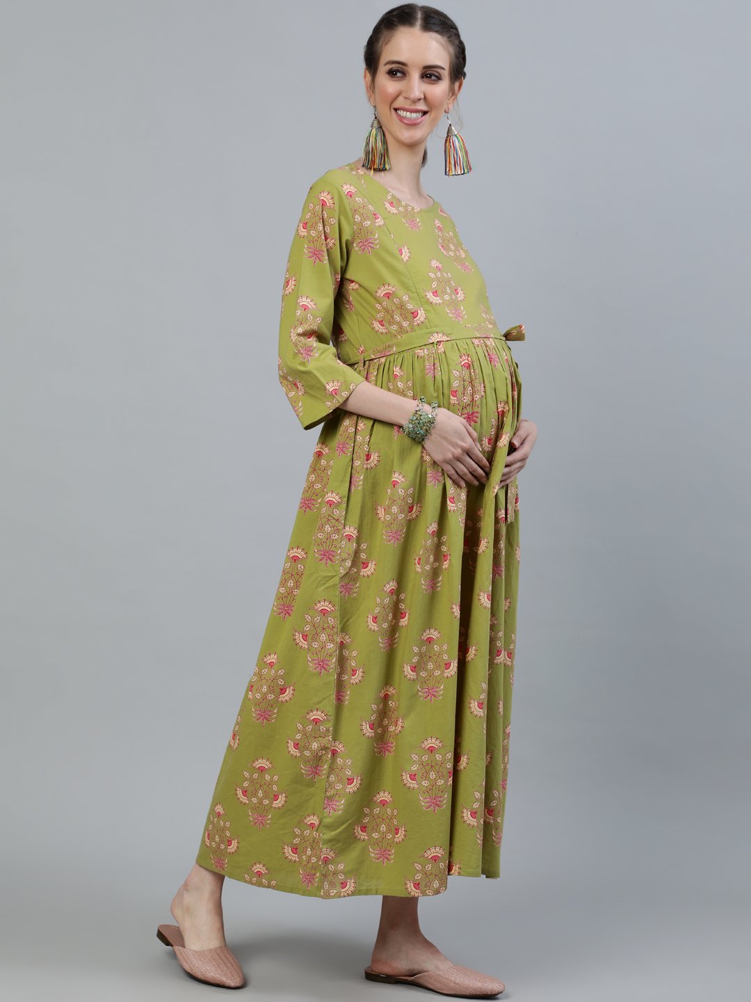 Women's Green Printed Maternity Dress With Three Quarter Sleeves - Nayo Clothing