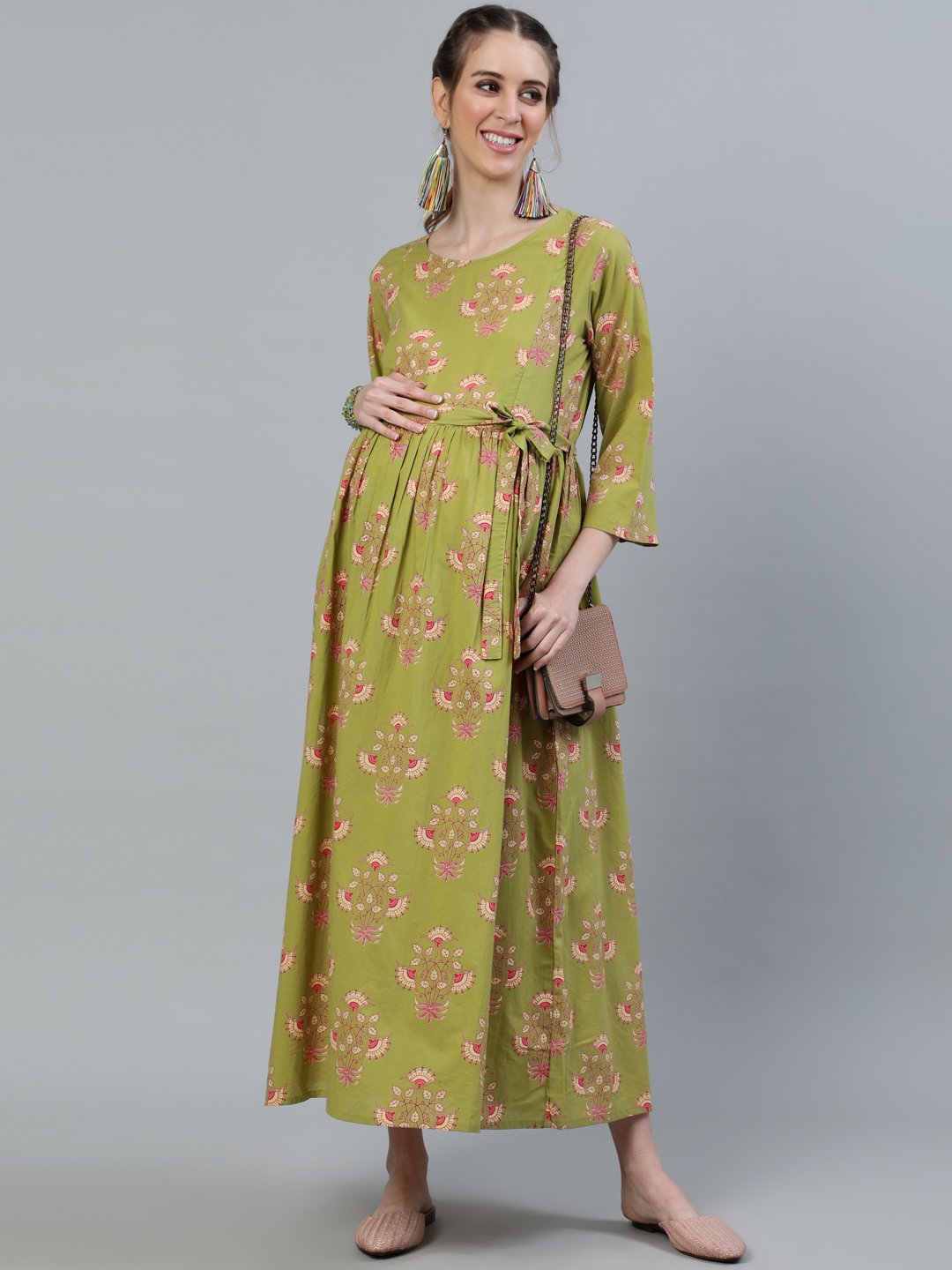 Women's Green Printed Maternity Dress With Three Quarter Sleeves - Nayo Clothing