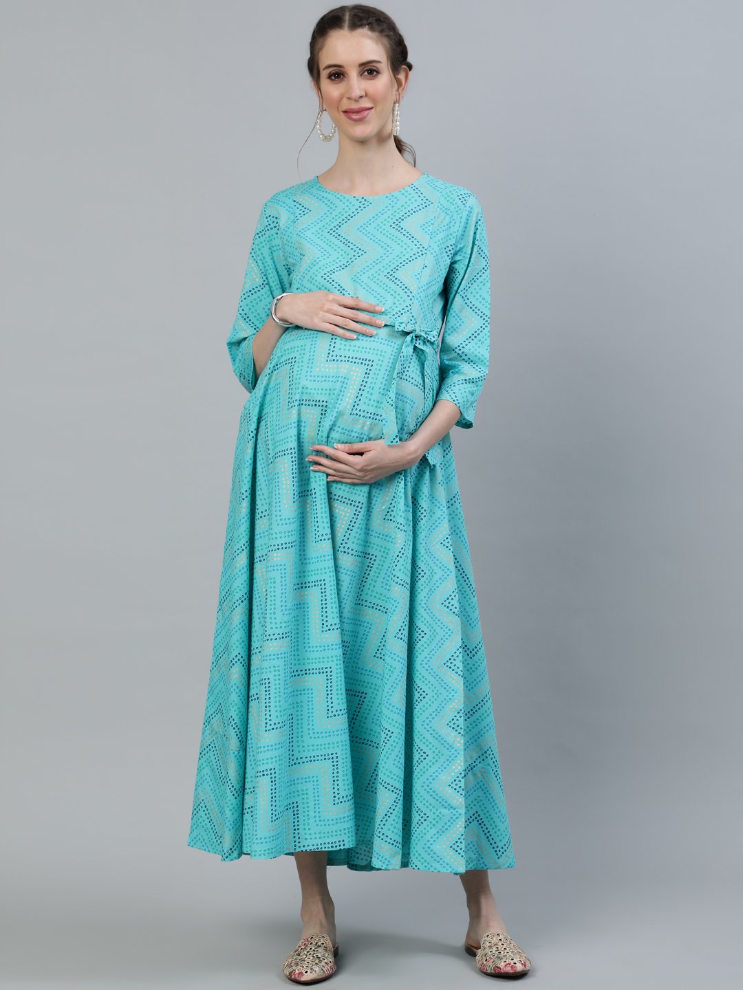 Women's Blue Printed Maternity Dress With Three Quarter Sleeves - Nayo Clothing