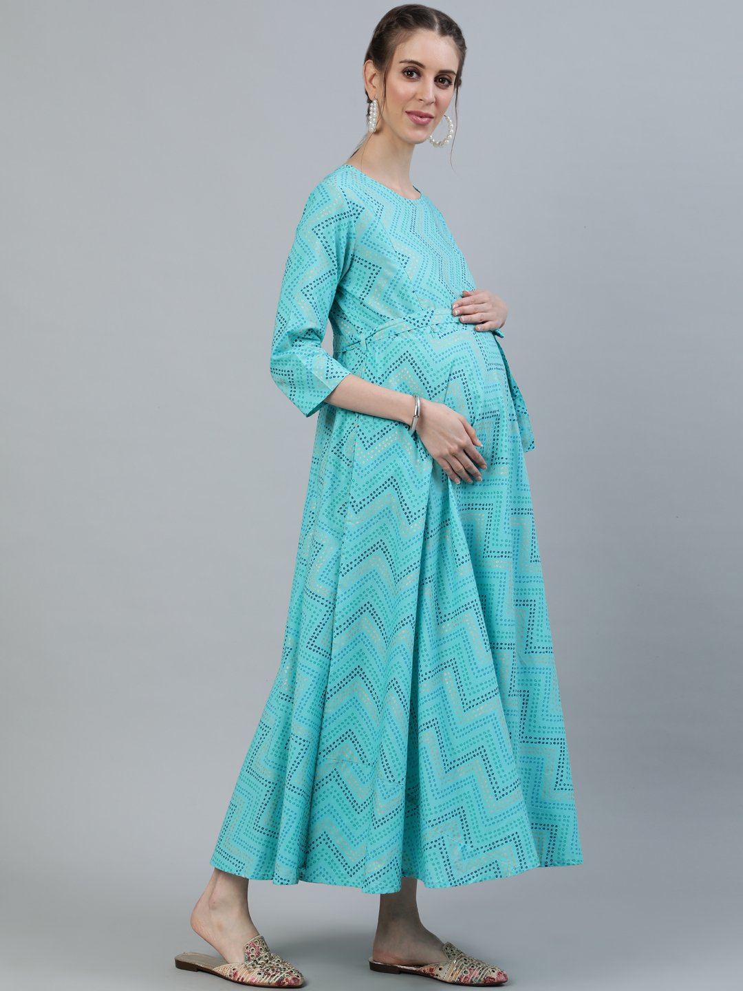 Women's Blue Printed Maternity Dress With Three Quarter Sleeves - Nayo Clothing