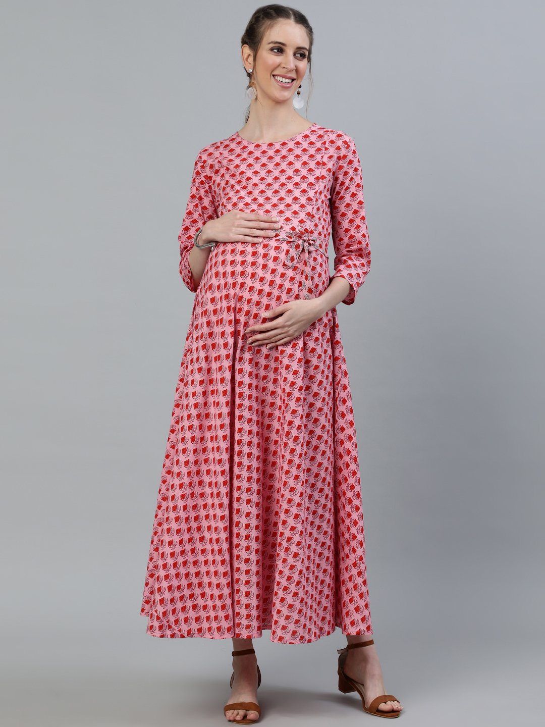 Women's Pink Printed Maternity Dress With Three Quarter Sleeves - Nayo Clothing