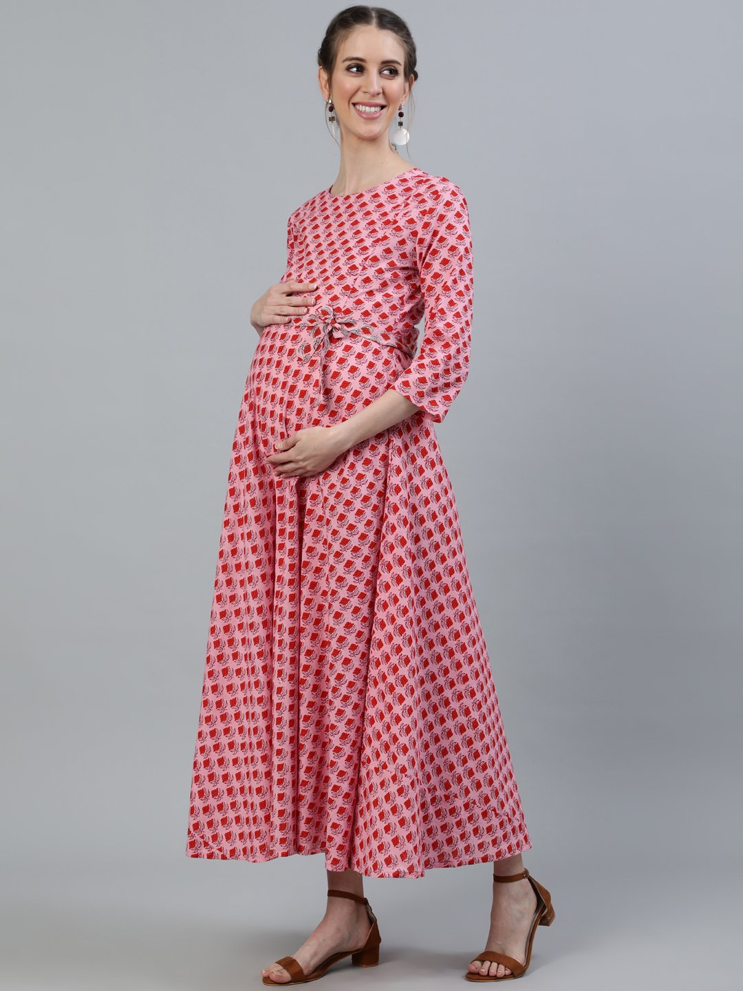 Women's Pink Printed Maternity Dress With Three Quarter Sleeves - Nayo Clothing
