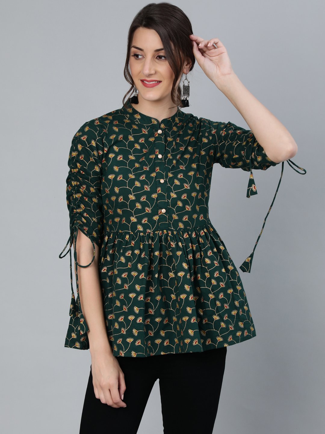 Women's Green Floral Printed Top With Mandarin Collar & Three Quarter Sleeves - Nayo Clothing