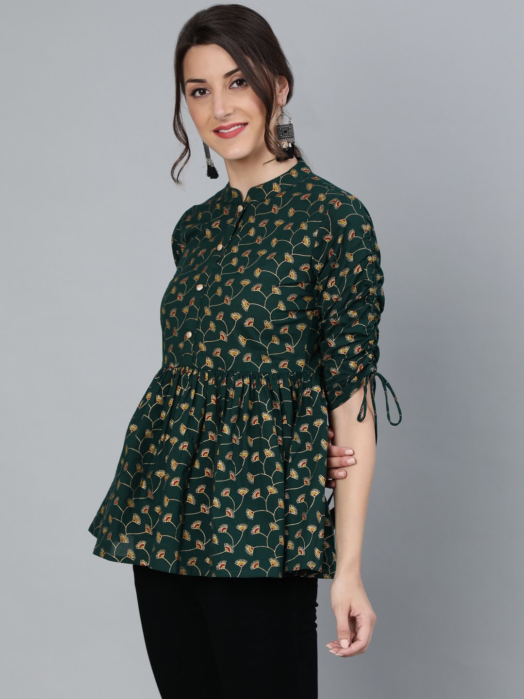 Women's Green Floral Printed Top With Mandarin Collar & Three Quarter Sleeves - Nayo Clothing