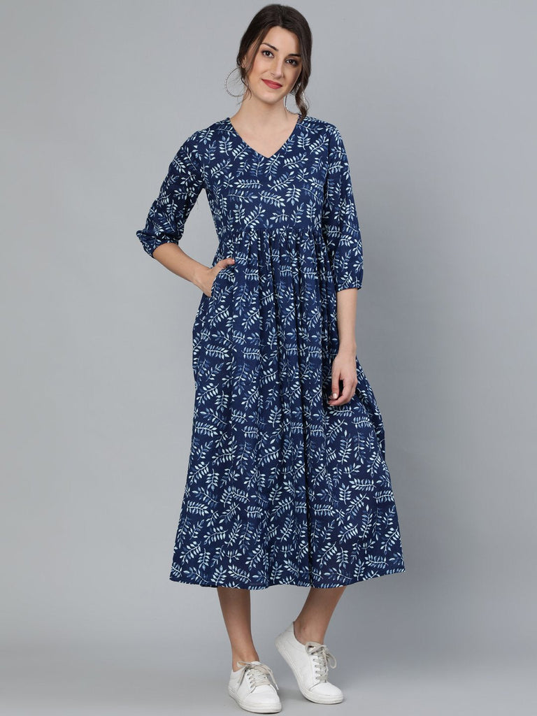 Women's Indigo Blue Printed Dress With Three Quarter Sleeves