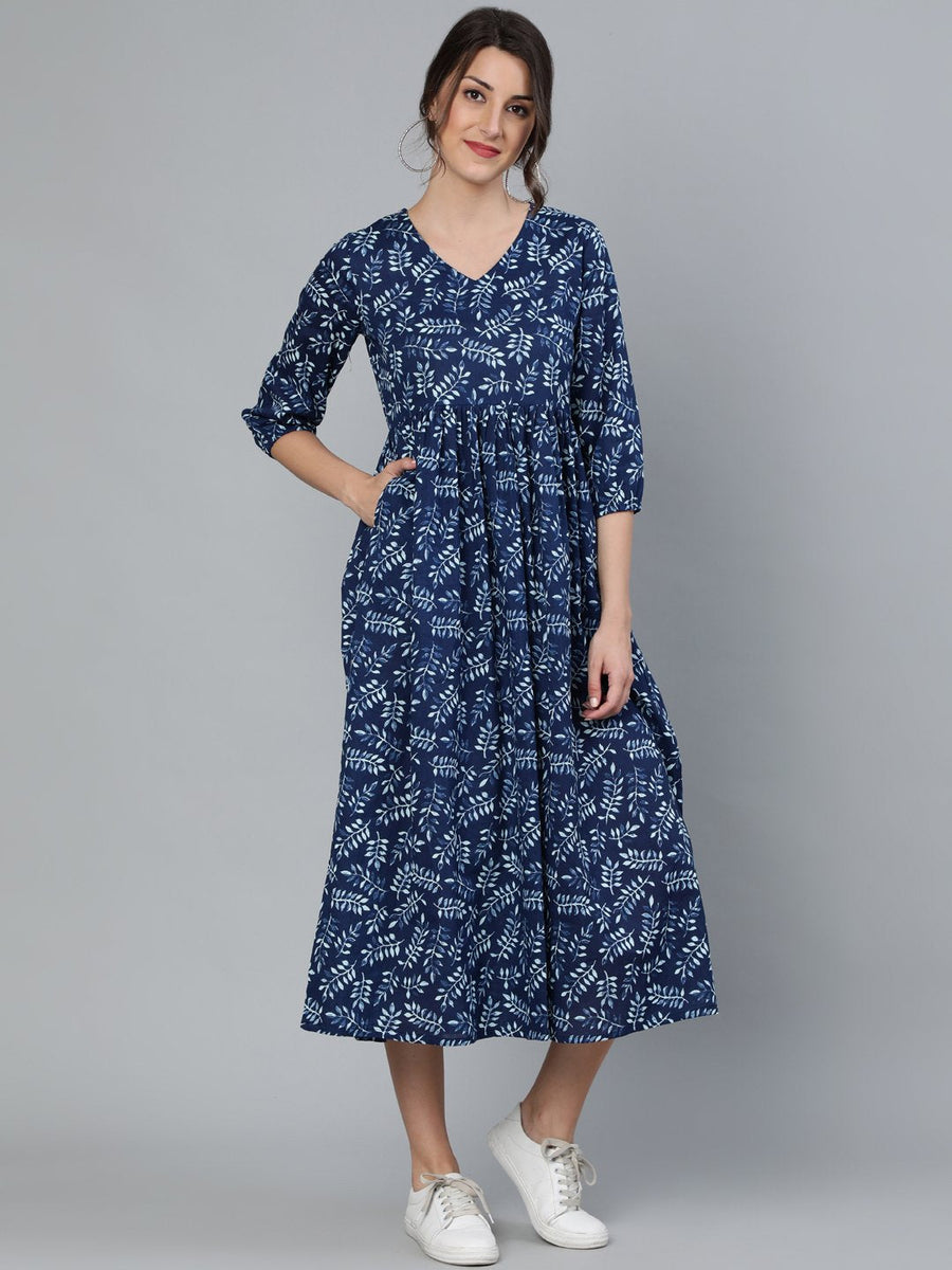 Women's Indigo Blue Printed Dress With Three Quarter Sleeves – Trendia