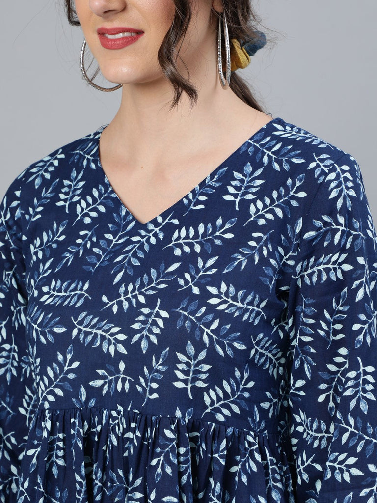 Women's Indigo Blue Printed Dress With Three Quarter Sleeves