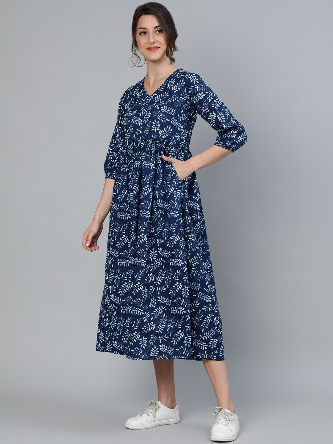 Women's Indigo Blue Printed Dress With Three Quarter Sleeves - Nayo Clothing
