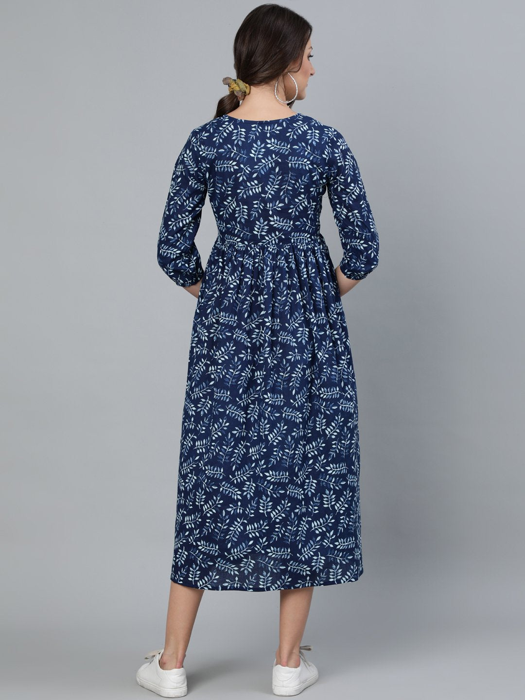 Women's Indigo Blue Printed Dress With Three Quarter Sleeves - Nayo Clothing