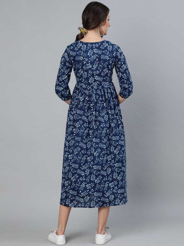 Women's Indigo Blue Printed Dress With Three Quarter Sleeves
