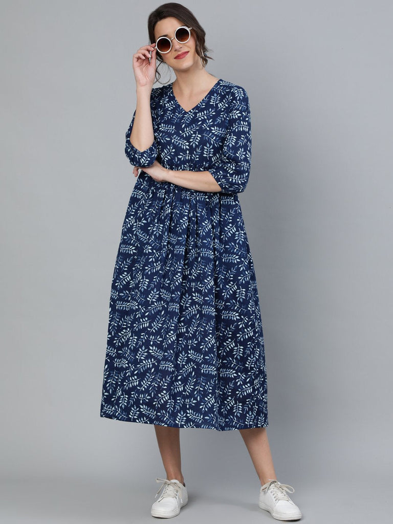 Women's Indigo Blue Printed Dress With Three Quarter Sleeves
