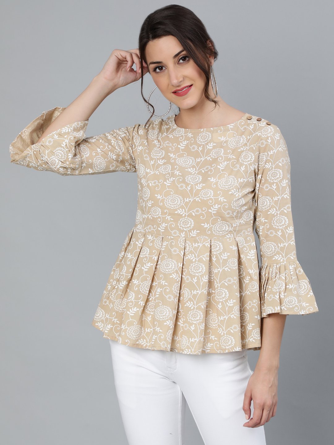 Women's Womenbeige & Off-White Floral Printed Top With Round Neck & Three Quarter Sleeves - Nayo Clothing