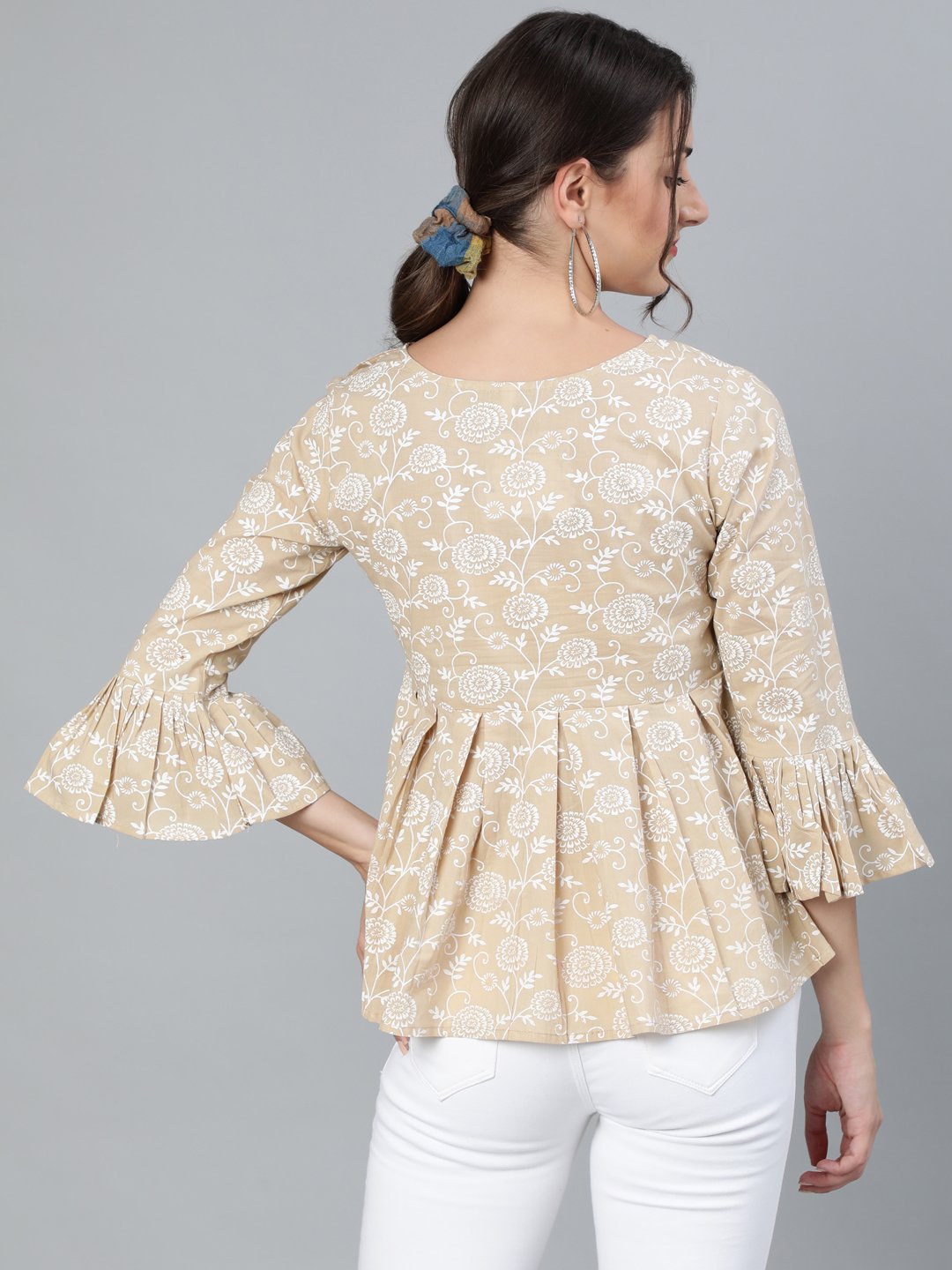 Women's Womenbeige & Off-White Floral Printed Top With Round Neck & Three Quarter Sleeves - Nayo Clothing