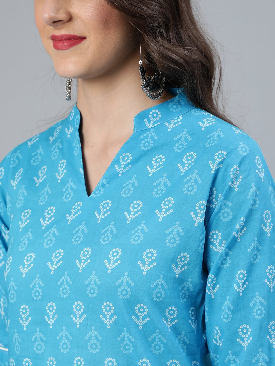 Women's Sky Blue Straight Bandhani Printed Kurta With Plazzo & Dupatta - Nayo Clothing