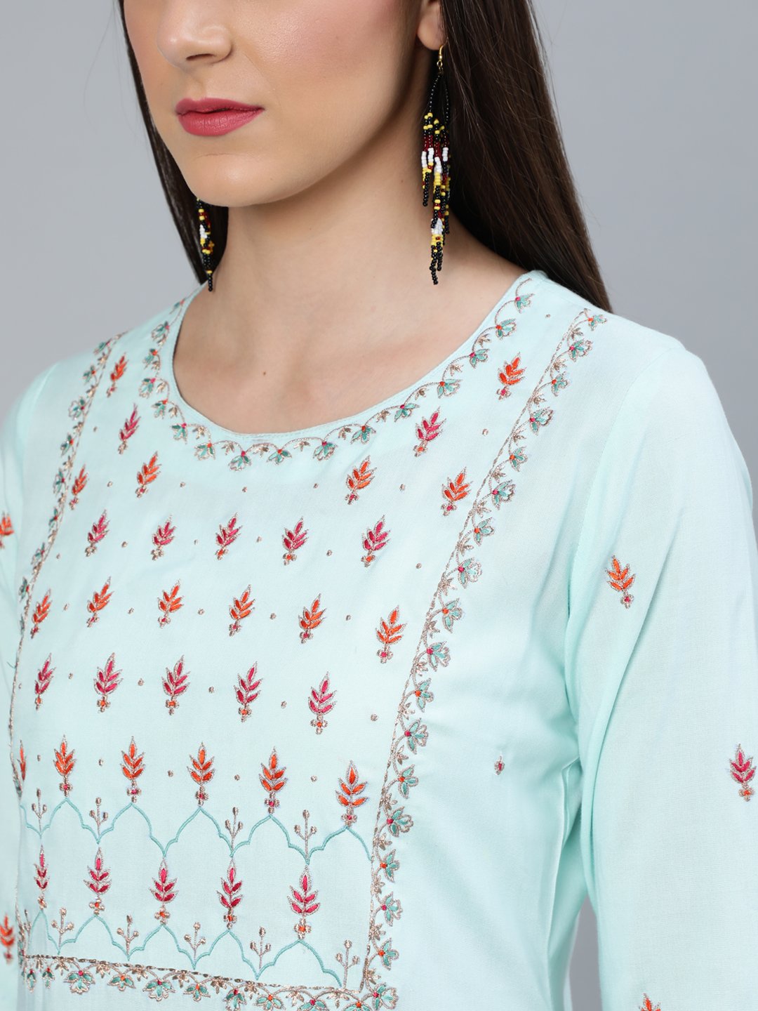 Women's Sea Green Straight Embroidered Kurta With Plazzo & Dupatta - Nayo Clothing