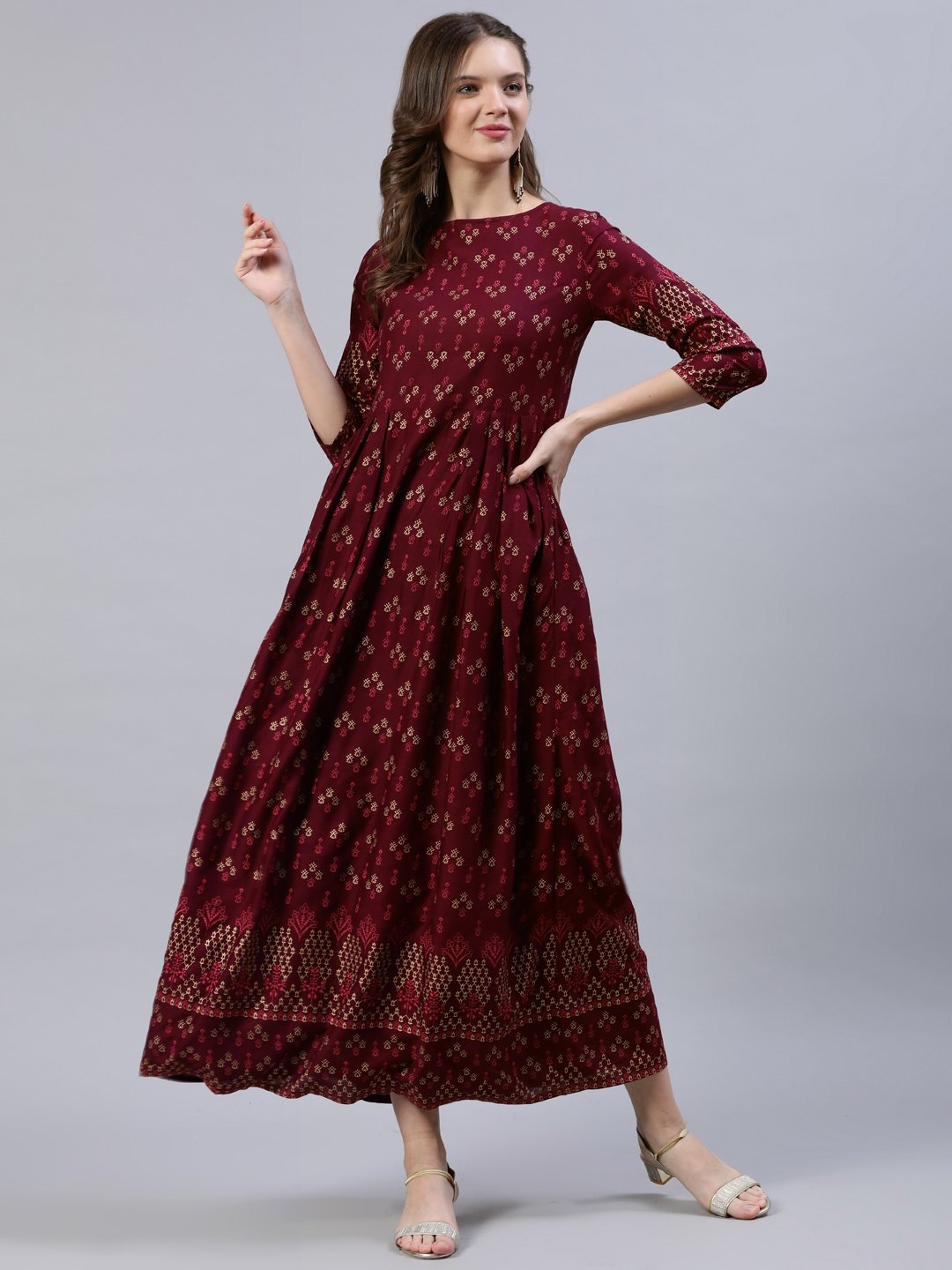 Women's Burgundy Printed Dress With Three Quarter Sleeves - Nayo Clothing