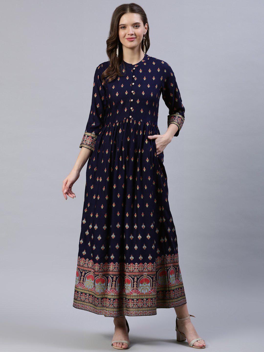 Women's Navy Blue Printed Dress With Three Quarter Sleeves - Nayo Clothing