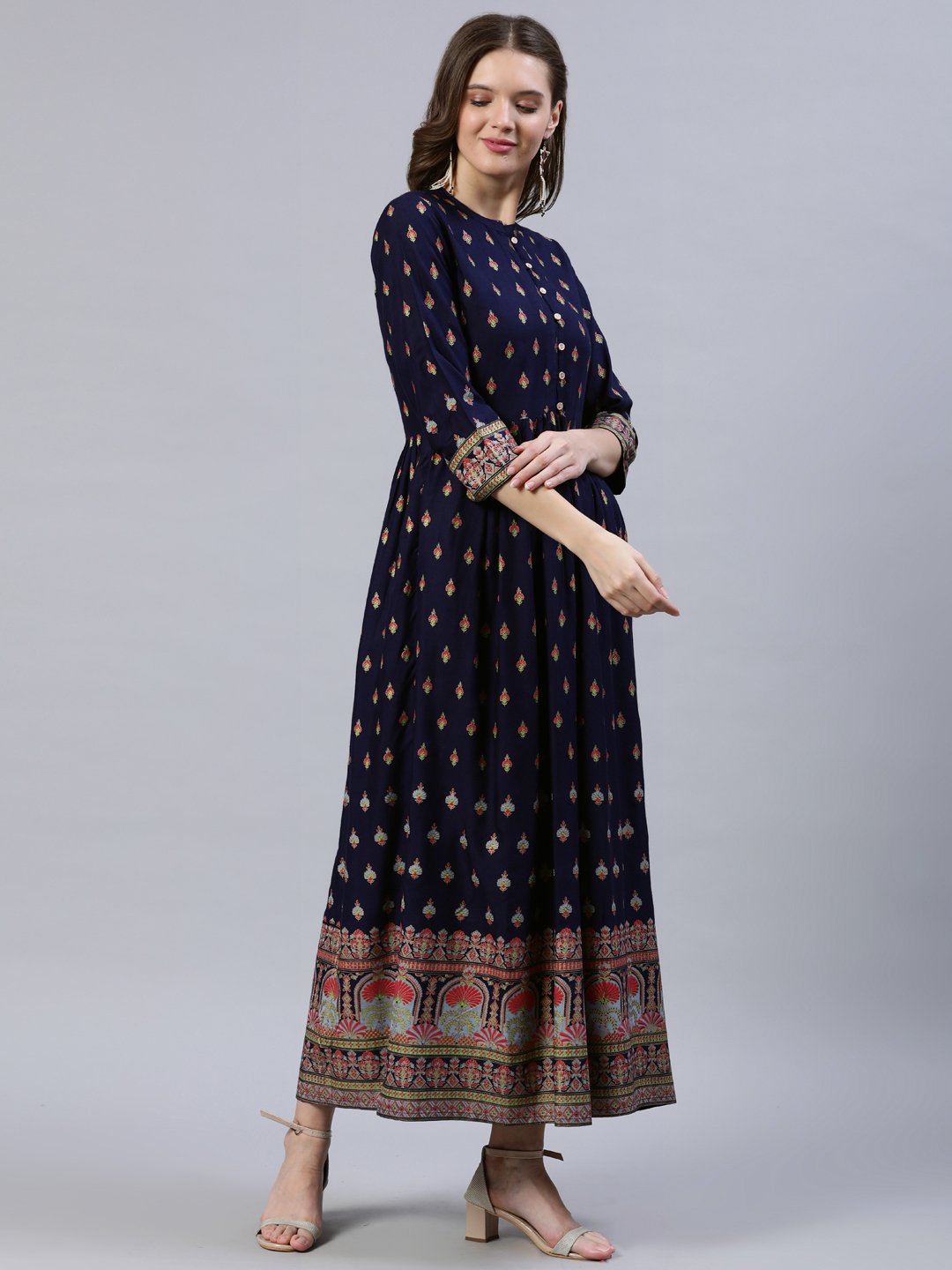 Women's Navy Blue Printed Dress With Three Quarter Sleeves - Nayo Clothing
