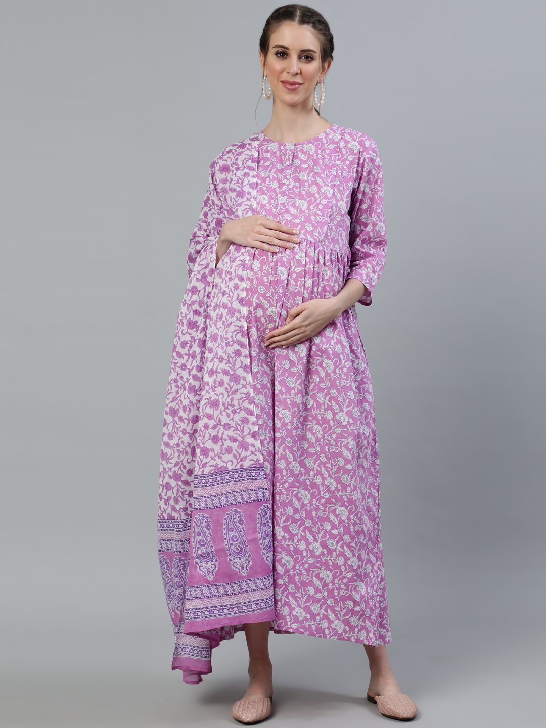 Women's Purple Printed Maternity Dress With Three Quarter Sleeves & Dupatta - Nayo Clothing