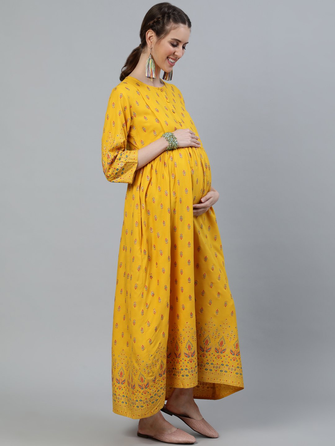 Women's Yellow & Gold Printed Maternity Dress With Three Quarter Sleeves - Nayo Clothing