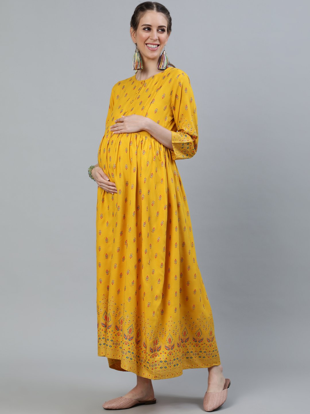 Women's Yellow & Gold Printed Maternity Dress With Three Quarter Sleeves - Nayo Clothing